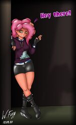 1girls 2d boots dark_background desti_(smg4) digital_drawing_(artwork) digital_media_(artwork) fingerless_gloves hand_on_wall illustration jacket legs_crossed looking_at_viewer octoling octoling_girl octoling_rival peace_sign pink_hair seductive seductive_smile smg4 smirk solo splatoon splatoon_2 tight_clothing tight_pants wall wing_fury yellow_eyes