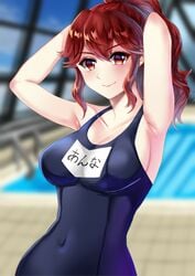 1girls alternate_costume anna_(fire_emblem) armpits arms_behind_head arms_up bangs blue_swimsuit blurry blurry_background blush breasts collarbone commentary_request covered_navel eyebrows_visible_through_hair female female_only fire_emblem hair_between_eyes indoors large_breasts long_hair looking_at_viewer nintendo one-piece_swimsuit ponytail pool red_eyes red_hair school_swimsuit sideboob sidelocks smile solo swimsuit tara_(szzj7733) that_pool upper_body