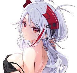 azumi_akitake azur_lane bare_back bare_shoulders bra_slip breasts female hand_in_hair headgear looking_at_viewer prinz_eugen_(azur_lane) red_eyes red_hair saliva seductive_smile sideboob sideways_glance smile solo white_hair