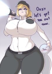 1boy 1girls anon big_breasts blonde_hair blush breasts dedalo female five_nights_at_freddy's hand_on_head hat huge_breasts standing text vanessa_(fnaf) voluptuous wide_hips