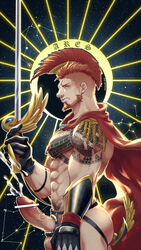 1boy abs alternate_costume anal anal_object_insertion ares_(priapus) arm_tattoo bar_censor bara beard black_gloves cape censored character_name chest_tattoo cock_ring constellation cum cum_while_penetrated ejaculation erection facial_hair from_side gloves green_eyes highres holding holding_sword holding_weapon jockstrap large_pectorals male_focus male_only male_underwear mature_male mohawk muscular muscular_male nipple_piercing nipple_rings nipples object_insertion orange_hair pectorals penis penis_piercing piercing priapus projectile_cum pubic_tattoo red_cape sex_toy short_hair sideburns solo stomach sword tattoo underwear veins veiny_penis weapon wind yzpyn