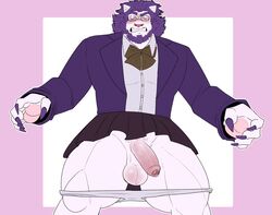 balls barawerewolf beard blushing_balls blushing_penis bottomwear clawed_fingers clothed clothing crossdressing eyewear facial_hair felid final_fantasy final_fantasy_xiv foreskin genitals glasses hi_res hrothgar lion male male_only mammal muscular muscular_male pantherine panties pawpads penis pulling_down_underwear ribbons school_uniform skirt solo square_enix underwear uniform upskirt video_games