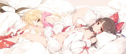 2girls arm_ribbon ass bangs bare_shoulders black_hair black_headwear blonde_hair bloomers bloomers_pull blush bow breasts brown_eyes collarbone commentary_request detached_sleeves eyebrows_visible_through_hair feet_out_of_frame female floral_print frilled_bow frills gloves hair_tubes hairbow hands_on_own_chest hat hat_bow hat_removed headwear_removed hidden_star_in_four_seasons highres ke-ta long_sleeves looking_at_viewer lying marisa_kirisame multiple_girls navel nipples off_shoulder on_back on_stomach parted_lips pillow pink_gloves pink_scarf red_bow red_ribbon red_skirt reimu_hakurei ribbon ribbon-trimmed_sleeves ribbon_trim scarf shirt sidelocks single_glove skirt skirt_removed small_breasts smile snowflake_print stomach thighs topless touhou underwear white_bloomers white_bow white_shirt wide_sleeves witch_hat