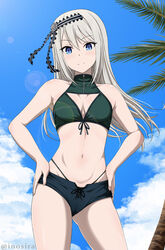 bangs belly bikini bikini_under_clothes black_hair_ornament black_hairband black_ribbon blue_eyes blue_sky blush breasts cameltoe cleavage cleavage_cutout clothing_cutout clothing_request cloud cowboy_shot eyebrows_visible_through_hair female female front-tie_bikini front-tie_top green_bikini groin hair_between_eyes hair_ornament hair_ribbon hairband hands_on_hips high_resolution inoshira kaguya-sama_wa_kokurasetai_~tensai-tachi_no_renai_zunousen~ lens_flare long_hair midriff navel palm_tree ribbon shirogane_kei short_shorts shorts silver_hair sky slit_pupils smile solo stomach swimsuit thong thong_bikini thong_swimsuit tree watermark