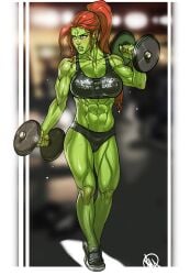 1girls abs athletic commission fantasy female female_only fit fitness ganassa green green-skinned_female green_skin gym lifting muscles oc orc orc_female original public red_hair skin solo sweat sweating tagme weights