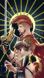 1boy abs alternate_costume anal anal_object_insertion ares_(priapus) arm_tattoo bar_censor bara beard black_gloves blue_eyes cape censored character_name chest_tattoo cock_ring constellation cum_on_penis erection facial_hair from_side gloves green_eyes highres holding holding_sword holding_weapon jockstrap large_pectorals male_focus male_only male_underwear mature_male mohawk muscular muscular_male nipple_piercing nipple_rings nipples object_insertion orange_hair pectorals penis penis_piercing piercing priapus pubic_tattoo red_cape sex_toy short_hair sideburns solo stomach sword tattoo underwear veins veiny_penis weapon wind yzpyn