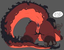 anthro anus ass big_breasts black_body black_fur black_hair breasts chubby_female claws dialogue dragon female fur genitals hair hi_res mature_female multicolored_body nipples orange_body pubes pussy scalie simple_background solo speech_bubble tolerain_(artist) two_tone_body western_dragon