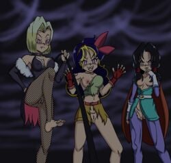 android_18 bad_launch black_hair blonde_hair blue_hair bottomless clothed_exposure corruption dragon_ball empty_eyes fangs female_only femsub fishnets good_launch great_saiyaman_2 great_saiyawoman idpet launch long_hair multicolored_hair neutral_launch nude pov pov_sub red_eyes short_hair topless transformation videl