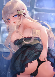 ass back bangs black_panties blonde_hair blue_eyes blush bow breasts breasts_out clothes_pull dress dress_pull elf female green_skirt hairbow large_breasts long_hair looking_at_viewer looking_back nipples open_mouth panties pointy_ears princess_connect! sanom saren_(princess_connect!) sash sidelocks skirt solo underwear window