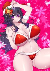 big_breasts bikini blush christmas christmas_bikini christmas_outfit crawling_dreams curvy dark_hair huge_breasts looking_at_viewer nyarla_(crawling_dreams) osiimi pale-skinned_female pale_skin purple_eyes santa_costume santa_hat wide_hips