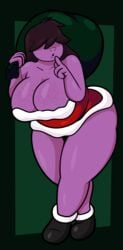 2021 absurd_res anthro bent_over big_breasts boots breasts christmas christmas_clothing cleavage clothed clothing curvy_figure deltarune digital_media_(artwork) dress female female_only fingers footwear freckles freckles_on_breasts green_background hair hair_over_eyes hi_res holidays huge_breasts long_hair purple_body purple_hair purple_scales reptile sack scales scalie simple_background solo someth1ngoranother susie_(deltarune) thick_thighs tube_dress undertale_(series) video_games voluptuous wide_hips