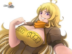 2d 2d_(artwork) ahoge alex-kellar blonde_hair boob_window camera_view cleavage cleavage_cutout clothed clothing deviantart eyebrows female flowing_hair fully_clothed jacket large_breasts long_hair looking_at_viewer pointing_at_breasts pointing_at_self provocative provocative_writing purple_eyes rwby scarf smile smiling smiling_at_viewer smirk smirking t-shirt text text_on_clothing text_on_shirt yang_xiao_long