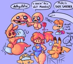 2021 animal_crossing anthro balls big_breasts big_butt coco_(animal_crossing) crossover english english_dialogue english_text female huge_butt huge_cock isaac_(the_binding_of_isaac) kasumi_(pokemon) male misty_(pokemon) monstro_(the_binding_of_isaac) nintendo penis pikachu pokemon psyduck rayman rayman_(series) shortstack sleepyslut swimsuit teensie the_binding_of_isaac