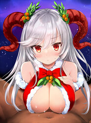 1boy 1girls alternate_costume angry blue_background blue_eyes blush breasts christmas christmas_ornaments christmas_outfit cleavage cleavage_cutout closed_mouth clothed_sex cloud cloudy_sky dark-skinned_male dark_skin demon_girl female female_focus fire_emblem fire_emblem_heroes freyja_(fire_emblem) frown glaring hair_ornament highres horns kumakou large_breasts light-skinned_female light_skin long_hair looking_at_viewer necktie night nintendo paizuri pov red_eyes red_horns red_necktie silver_hair sky solo_focus straight sweat textless white_hair