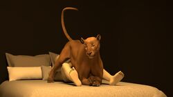 16:9 3d_(artwork) ass bed digital_media_(artwork) duo eviltyto felid feline female feral furniture hi_res human lion male male/female mammal masturbation pantherine pillow pose presenting smile smirk spread_legs spreading