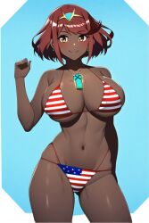 ai_generated alternate_skin_color american_flag american_flag_bikini black_skin blackened_pyra core_crystal dark-skinned_female dark_hair dark_skin large_breasts nai_diffusion pyra race_swap red_hair robofun stable_diffusion xenoblade_(series) xenoblade_chronicles_2