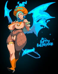 bare_shoulders blue_fire blue_neckwear bracelet curvy demon_tail demon_wings earrings english_text fiery_tail fiery_wings fire fishnet_legwear fishnets flame green_hair half-closed_eyes halloween happy_halloween high_heels highres jack-o'-lantern jewelry light_green_hair long_hair navel_piercing nipple_piercing orange_footwear orange_headwear original parted_lips piercing pink_lips plump pointy_ears pumpkin pussy red_eyes revealing_clothes shiny shiny_skin space_(uchuu) striped tail thick_thighs thigh_strap thighs turtleneck wings yuzhou