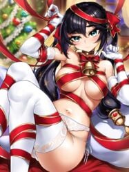 1girls abs absurd_res arms_up bangs bell bell_collar belly_button big_breasts black_hair blush bondage bow breasts casul christmas christmas_tree collar detailed_background female garter garter_straps genshin_impact gift_wrapped gloves green_eyes hair_between_eyes hi_res highres hips huge_breasts lace lace-trimmed_panties lace-trimmed_thighhighs large_breasts lingerie long_hair looking_at_viewer midriff mona_(genshin_impact) panties pigtails purple_hair restrained ribbon ribbon_bondage shiny_skin slim_waist small_waist solo thick thick_thighs thigh_highs thighhighs thighs twintails underboob underwear waist white_gloves white_legwear white_panties wide_hips wrapped