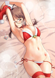 akizuki_ritsuko antenna_hair armpits arms_up bed_sheet bikini braid breasts brown_hair christmas closed_mouth condom condom_wrapper female glasses hat hat_removed headwear_removed holidays idolmaster idolmaster_(classic) lying medium_breasts minpei_ichigo navel on_back pillow raised_eyebrows red_legwear santa_bikini santa_hat side-tie_bikini solo swimsuit thighhighs twin_braids untied untied_bikini