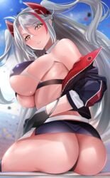 ass azur_lane back bangs black_gloves black_jacket black_skirt blue_sky blush breasts detached_collar female female gloves grin highres jacket keishi_surota large_breasts long_hair long_sleeves looking_at_viewer looking_back microskirt multicolored_hair off_shoulder open_clothes open_jacket orange_eyes prinz_eugen_(azur_lane) prinz_eugen_(final_lap)_(azur_lane) sideboob silver_hair sitting skirt sky smile solo streaked_hair two_side_up underboob