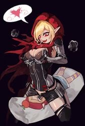 arabelle_(guardian_tales) black_background blonde_hair dakimakura elf_ears elvira_(guardian_tales) executive_red_hood_arabelle_(guardian_tales) guardian_tales hoodie pointy_ears red_eyes red_hood_elvira_(guardian_tales) reviolet self_fondle steam