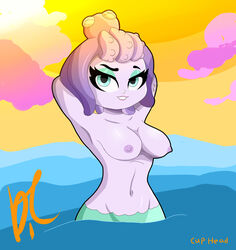 arms_up blue_eyes cala_maria cuphead_(game) darktemplar2 eyeshadow female large_breasts mermaid purple_hair solo sunset water