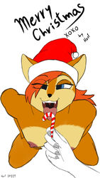 absurd_res anthro archie_comics areola blue_eyes bottomless breasts candy candy_cane chipmunk christmas christmas_clothing christmas_headwear clothed clothing dessert faceless_character faceless_male female food ground_squirrel hartery hat headgear headwear hi_res holidays licking looking_at_viewer male mammal nail nipples nude open_mouth rodent sally_acorn santa_hat sciurid sega simple_background solo sonic_(series) sonic_the_hedgehog_(archie) sonic_the_hedgehog_(comics) sonic_the_hedgehog_(series) sucking teeth text tongue tongue_out xoxo