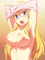 ben-to ben-tou big_breasts blue_eyes glasses open_mouth pointy_chin shaga_ayame shirt_lift shirt_pull shirt_up taking_clothes_off yellow_hair