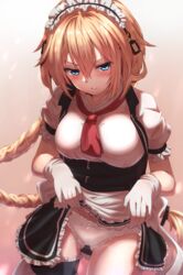 apron black_dress blonde_hair blue_eyes blush braid breasts clothes_lift commentary_request cowboy_shot dress female frilled_dress frills frown g36_(girls'_frontline) girls'_frontline glaring gloves gluteal_fold hair_between_eyes highres iya_na_kao_sare_nagara_opantsu_misete_moraitai lifted_by_self long_hair looking_at_viewer maid maid_headdress medium_breasts panties puffy_sleeves red_neckwear short_sleeves skirt solo underwear very_long_hair white_gloves white_panties xlscaler