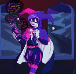 1boy blue_skin bulge cape clothed clothing cum_inducing_juice dialogue femboy fully_clothed hat humanoid jessie_(lapinbeau) jester lapinbeau male male_only mask purple_hair red_eyes solo striped_clothing stripes text