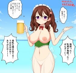 beer blush blushing_at_viewer breasts brown_hair corset curly_hair embarrassed exposed_breasts frigg_(kamihime) glasses inverted_nipples kamihime_project kamihime_project_r lactation large_breasts maid maid_headdress masaki necktie purple_eyes pussy see-through_bottom speech_bubble text thought_bubble translation_request uncomfortable