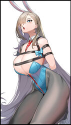 arms_behind_back arms_tied arms_tied_behind_back asuna_(blue_archive) asuna_(bunny)_(blue_archive) big_breasts blue_archive blue_eyes blue_leotard bondage bunny_ears bunnysuit cacaco cleavage covered_navel covered_nipples covered_pussy detached_collar highleg_leotard huge_breasts leotard long_hair open_mouth pantyhose playboy_bunny simple_background thick_thighs thighs tied very_long_hair white_background