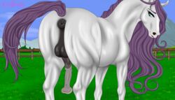 absurd_res animal_genitalia animal_penis anus ass balls blue_eyes equid equine equine_penis feral genitals grass_plain hair hi_res horse horse_tail long_mane male mammal mane oniblonde outside penis purple_hair purple_mane purple_tail rear_view solo solo_focus vein veiny_balls white_body