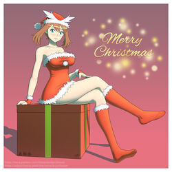 box breasts christmas christmas_present costume crossed_legs delibird_(cosplay) gift highres large_breasts may_(pokemon) merry_christmas nintendo pokemon pokemon_(cosplay) pokemon_(game) sitting the_tentacle_professor