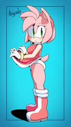 1girls 5_fingers amy_rose anthro argento ass blush boots clothed clothing dress dress_lift female female_only furry gloves green_eyes hairband panties pink_fur pink_hair plain_background side_view sideboob signature solo sonic_(series) tail underwear