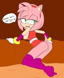 amy_rose amy_rose_(boom) blush clothed clothing dialogue english_text female fur furry furry_only half-closed_eyes hearlesssoul heart looking_back partially_clothed pink_hair presenting presenting_hindquarters presenting_pussy pussy solo sonic_(series) sonic_boom stockings tail tenshigarden text