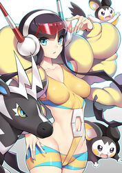 1girls 3animals absurd_res bangs bike_shorts black_hair blue_eyes blue_nails blunt_bangs blush breasts clothing crop_top elesa_(pokemon) emolga erect_nipples erect_nipples_under_clothes eyewear_on_head female female_only feral fuya_(tempupupu) headphones hi_res lingerie looking_at_viewer lowleg medium_breasts nail_polish navel nintendo nipples panties pokémon_(species) pokemon pokemon_bw pokemon_bw2 short_hair short_hair_with_long_locks sidelocks skin_tight solo spats underwear visor zebstrika