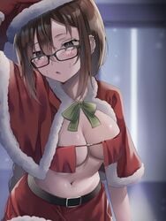 belly bikini bikini_top blush breasts brown_hair commentary_request ear_piercing eyebrows_visible_through_hair eyepatch_bikini fate/grand_order fate_(series) female fou_(ssqseeker) glasses hair_between_eyes hat highres large_breasts navel piercing santa_bikini santa_costume santa_hat skirt swimsuit yu_mei-ren_(fate)