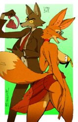 anthro ass big_breasts bodily_fluids breasts canid canine canis clothed clothing diamonsion diane_foxington digital_media_(artwork) dreamworks eyewear female fox fur hi_res male male/female mammal mr._wolf_(the_bad_guys) simple_background smile solo the_bad_guys topwear wallet wolf