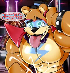 absurd_res animatronic anthro artisticwolfie blue_eyes bodily_fluids bow_tie bracelet breath brown_body brown_fur clothing cum ear_piercing ear_ring english_text five_nights_at_freddy's five_nights_at_freddy's:_security_breach fur genital_fluids glamrock_freddy_(fnaf) glowing glowing_eyes hat headgear headwear hi_res jewelry looking_pleasured machine male male_only mammal mostly_nude muscular muscular_anthro muscular_male offscreen_character offscreen_sex open_mouth pecs piercing robot saliva saliva_string scottgames shoulder_pads solo speech_bubble text tongue tongue_out top_hat tsukielewds ursid video_games