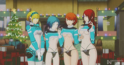 3d 4girls aegis_(persona) aigis_(persona) breasts christmas dioxnath female female_only fuuka_yamagishi light-skinned_female lingerie mitsuru_kirijo no_bra panties persona persona_3 pussy robot_girl see-through_clothing underboob yukari_takeba