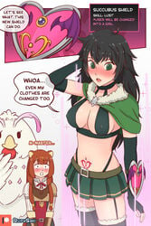 3girls animal_ears black_hair blush brown_hair brunette english_text female feminization filo fully_clothed gender_transformation green_eyes iwatani_naofumi male_to_female mtf_transformation multiple_girls pubic_tattoo raphtalia revealing_clothes rudy_saki rule_63 shield short_skirt skirt tate_no_yuusha_no_nariagari tattoo tattoo_on_belly text text_bubble transformation