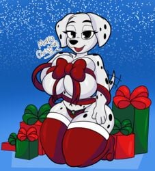 101_dalmatians 2021 anthro bedroom_eyes big_breasts black_body black_fur black_spots blue_background breast_squish breasts canid canine canis christmas cleavage cleavage_overflow clothed clothing curvy_figure dalmatian dialogue digital_media_(artwork) disney domestic_dog english_text eyelashes feet female female_only fingers fur gift gift_wrapped grey_eyes hand_on_breast heart hi_res holidays hourglass_figure huge_breasts kneeling long_socks looking_at_viewer mammal mature_anthro mature_female mistletoe multicolored_body multicolored_fur narrowed_eyes nr_ac panties perdita plant seductive side-tie_panties simple_background smile snow snowing solo someth1ngoranother spots spotted_body spotted_fur squish tail_motion tailwag talking_to_viewer text thick_thighs toes tongue two_tone_body two_tone_fur under_boob underwear voluptuous white_body white_fur wide_hips