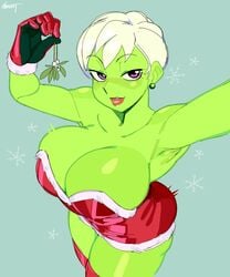 1girls 5_fingers alien_girl armpits bare_shoulders bedroom_eyes big_breasts breasts cheelai christmas christmas_outfit cleavage dragon_ball dragon_ball_super ear ear_piercing earrings eyebrows eyelashes female female_focus female_only gloves green_hair green_skin half-closed_eyes hips huge_breasts humanoid large_breasts lips lipstick looking_at_viewer mistletoe nezulet purple_eyes santa_dress selfie short_hair simple_background solo solo_female solo_focus thick thick_thighs thighhighs thighs voluptuous white_hair wide_hips