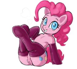 2021 animal_genitalia animal_pussy clothing crade cutie_mark equid equine equine_pussy female feral friendship_is_magic fur genitals grin hair hasbro horse legwear mammal my_little_pony pink_body pink_fur pink_hair pinkie_pie_(mlp) pony pussy simple_background smile socks solo thigh_highs white_background