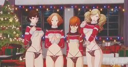 3d 4girls ann_takamaki areola_slip breasts christmas dioxnath female female_only haru_okumura light-skinned_female lingerie makoto_niijima nipple_slip no_bra panties persona persona_5 pussy sakura_futaba see-through_clothing underboob