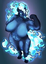 anthro big_breasts blue_body blue_eyes bone breasts curvy_figure equid equine female fire genitals glowing glowing_eyes hi_res horse huge_breasts mammal muscular muscular_female nipples nude pussy scar simple_background skull smile solo thick_thighs tolerain_(artist) voluptuous wide_hips