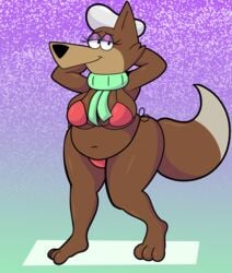 2021 absurd_res anthro belly big_belly big_breasts big_tail bikini breasts brown_body brown_fur canid canine canis clothing curvy_figure digital_media_(artwork) dot_eyes eyelashes eyeshadow feet female fur hands_behind_head hanna-barbera hat headgear headwear hi_res huge_breasts jellystone_(hbo_max) looking_at_viewer loopy_(loopy_de_loop) loopy_de_loop makeup mammal multicolored_body multicolored_fur navel scarf side-tie_bikini simple_background simple_eyes smile snow snowing solo someth1ngoranother standing swimwear thick_thighs toes two_tone_body two_tone_fur voluptuous wide_hips wolf