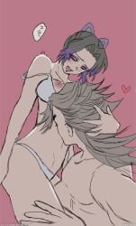 1boy 1girls black_hair blush bra colored_sketch demon_slayer douma female hand_on_another's_head kimetsu_no_yaiba kissing_belly kochou_shinobu long_hair_male male nipple_slip open_mouth panties pink_background spiky_hair sweatdrop two_tone_hair