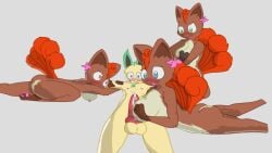 accessory anthro areola belly blue_eyes blush bodily_fluids breast_play breasts brown_body brown_eyes brown_fur brown_inner_ear cum cumshot eeveelution ejaculation female flower flower_in_hair fur generation_1_pokemon generation_4_pokemon genital_fluids genitals green_ears green_eyes grey_background group hair hair_accessory leafeon male male/female nintendo nude_anthro orange_hair orange_tail penis pink_areola pink_flower plant pokemon pokemon_(species) red_eyes red_penis restrained restrained_arms robbleu sex simple_background tail tan_belly tan_breasts titfuck tongue tongue_out vulpix yellow_body yellow_fur